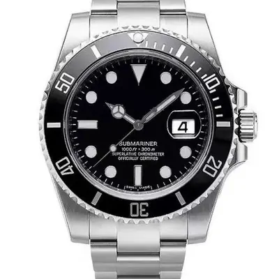 steel dive watch with a black dial and date window