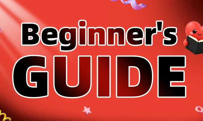 red banner with the words beginner's guide and the heart mascot reading a book