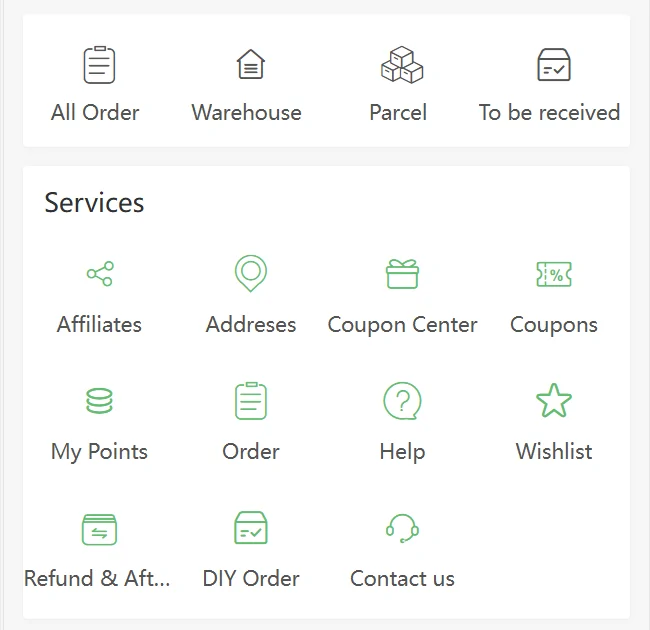 mobile account screen with shortcuts to all order, warehouse, parcel and to-be-received plus a services grid