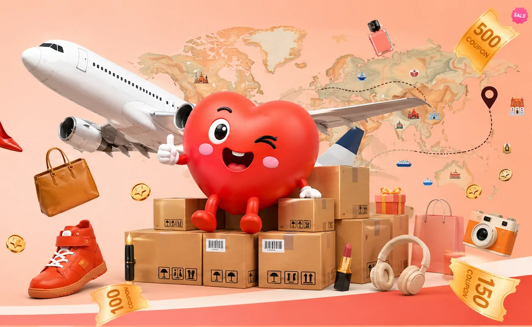 official brand artwork of a heart mascot sitting on stacked cardboard parcels with a world map behind