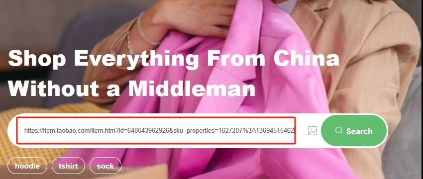 official site search bar holding a pasted product link, with hoodie, tshirt and sock quick chips below