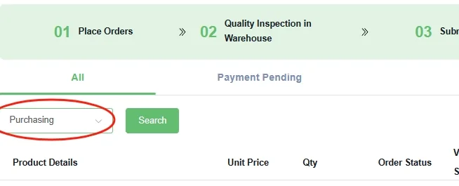 orders page with a progress strip and the status filter set to Purchasing