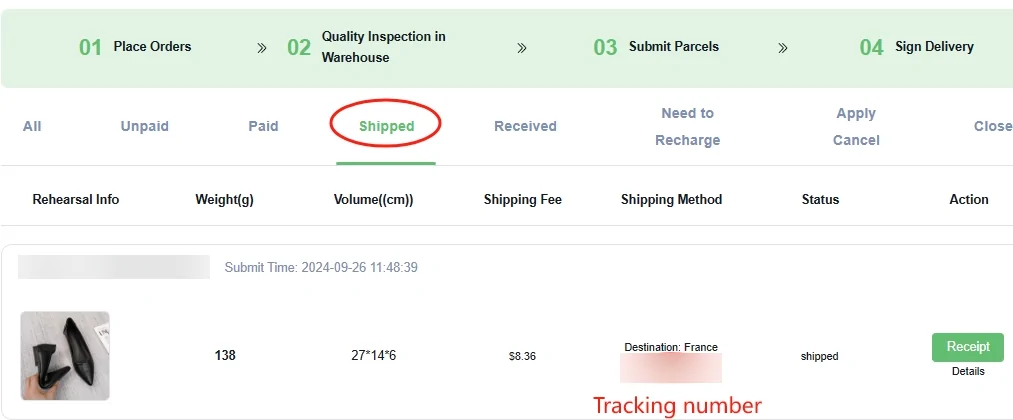 parcel list page with a rehearsal info column, weight, volume and shipping fee columns and a shipped parcel entry