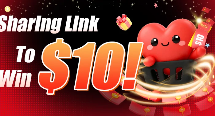 red promotional banner reading sharing link to win ten dollars with the heart mascot in a shopping cart