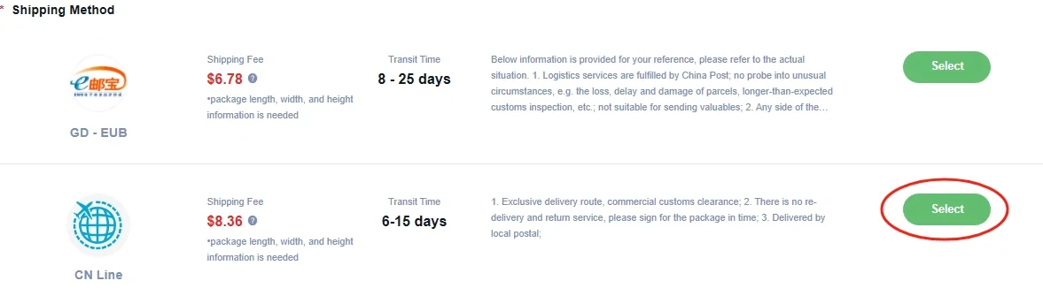 two shipping line cards with prices, transit times and restriction notes, each with a select button