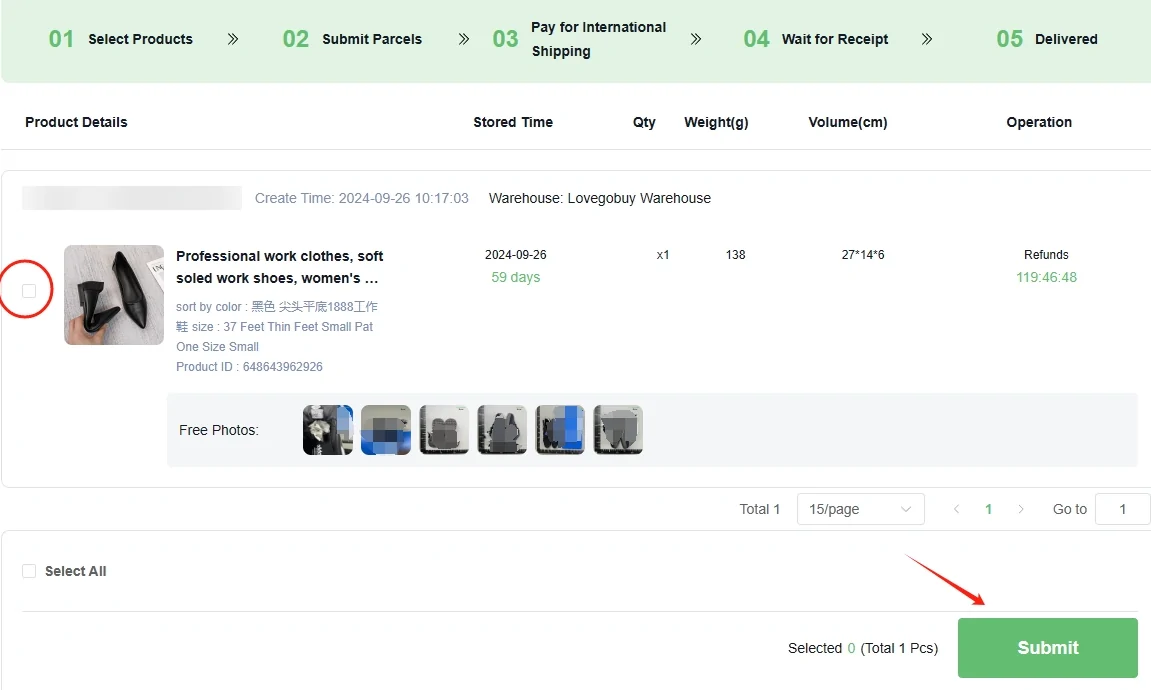 warehouse page with progress strip, an item card showing storage and refund countdowns, free QC photo thumbnails, and a submit button